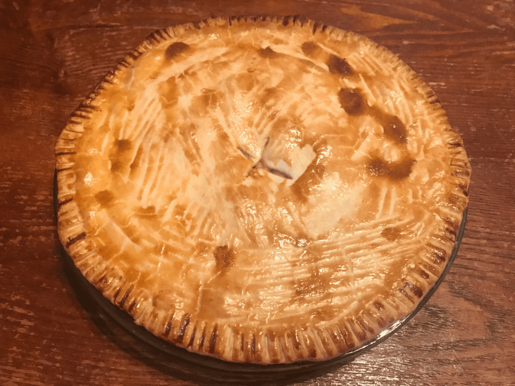 chicken pot pie out of the oven