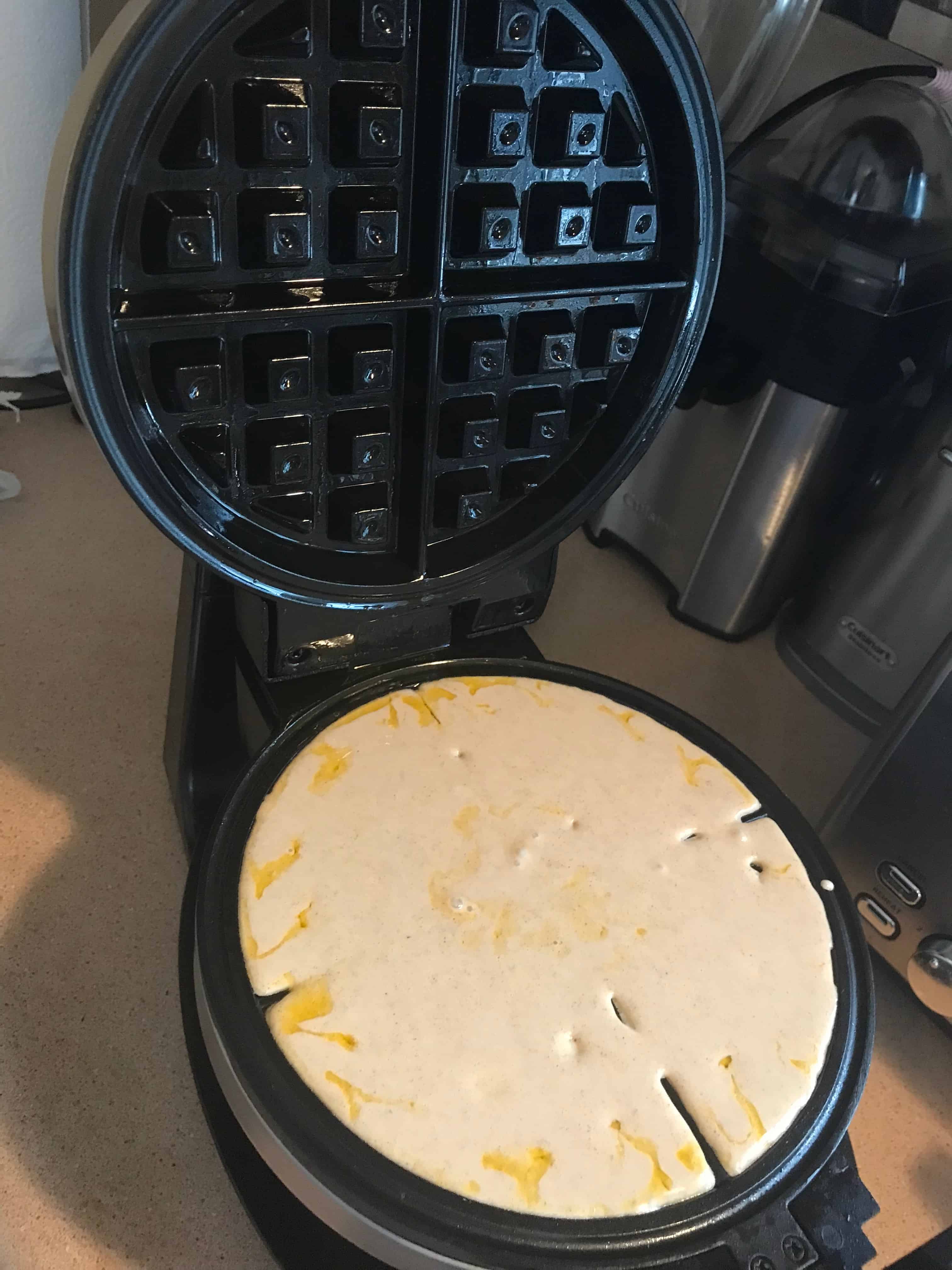 Pour batter into waffle iron