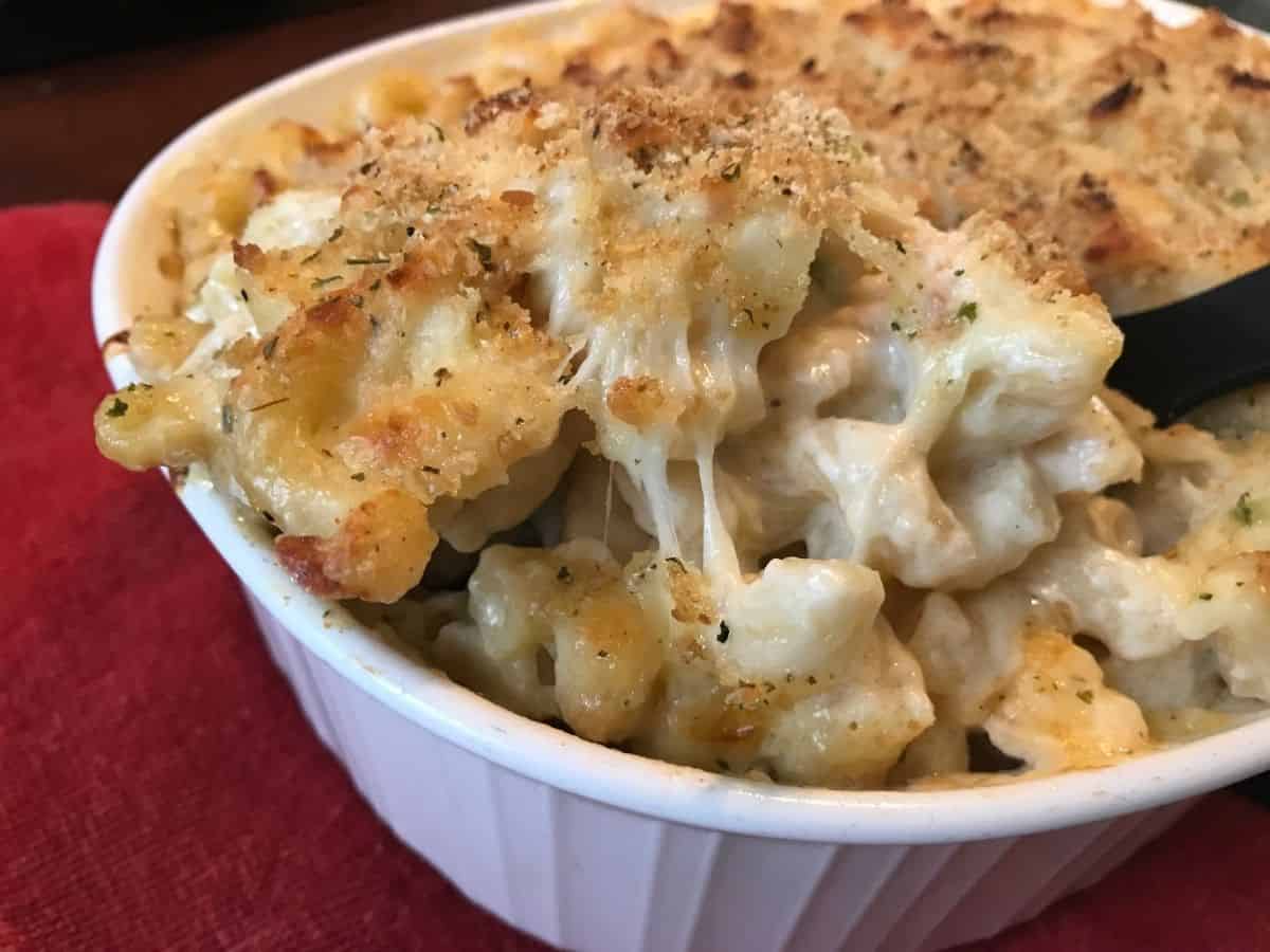 close up of lobster Mac and cheese in baking dish