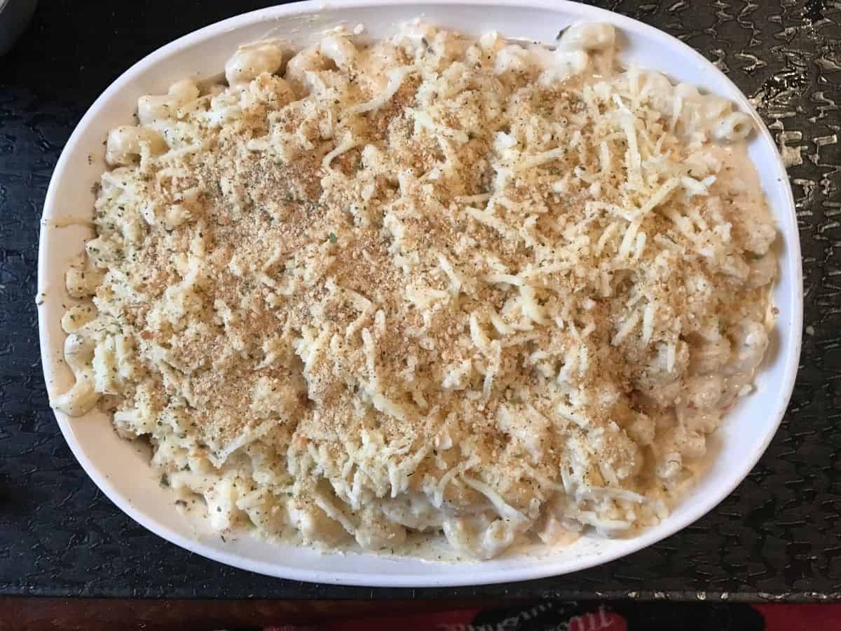 lobster mac and cheese topped with mozzarella and italian breadcrumbs