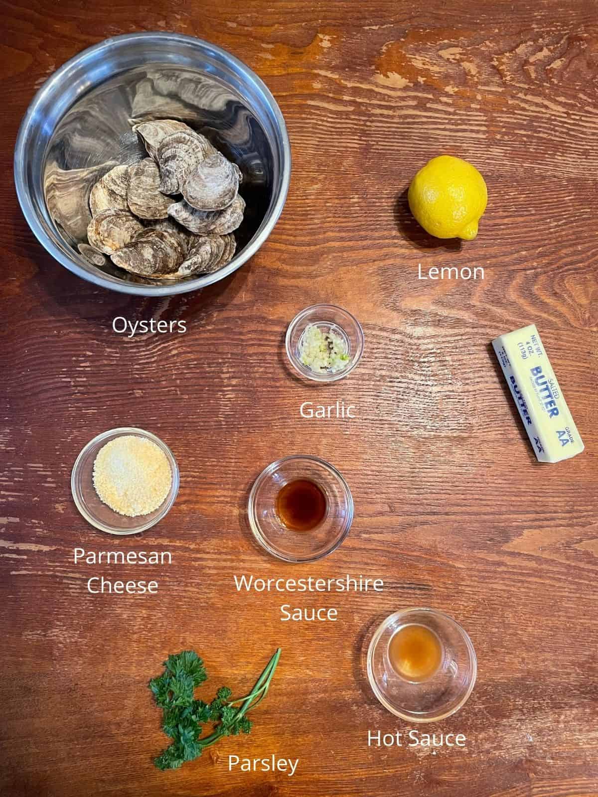 overhead shot of charbroiled oyster ingredients