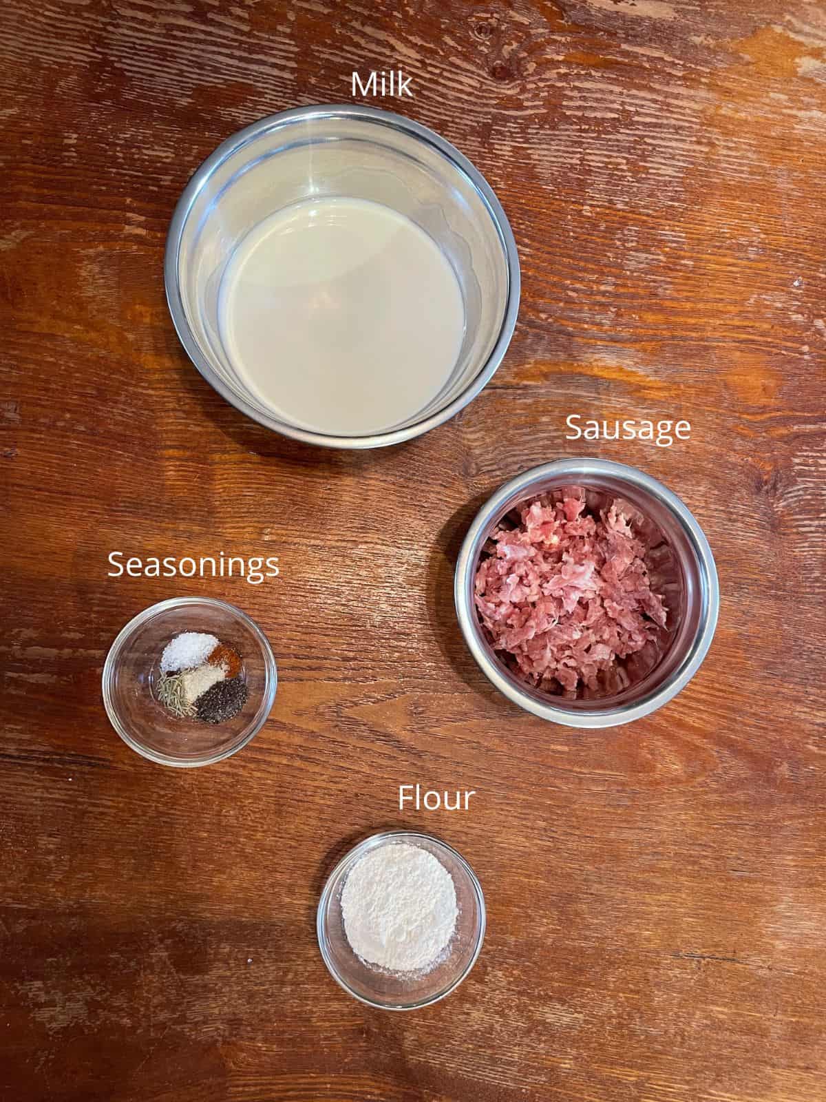 overhead shot of sausage gravy ingredients