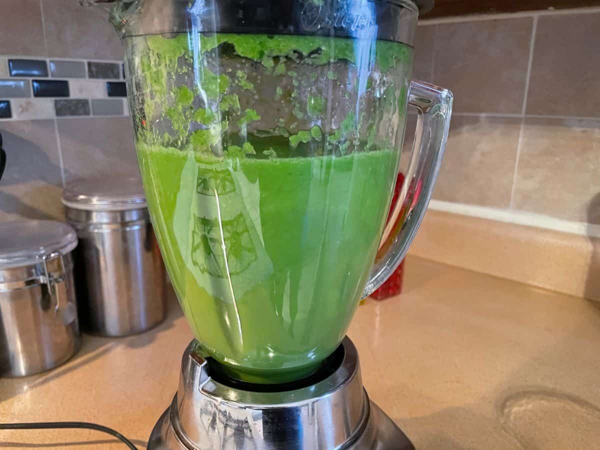 all ingredients for green juice mixing in a blender