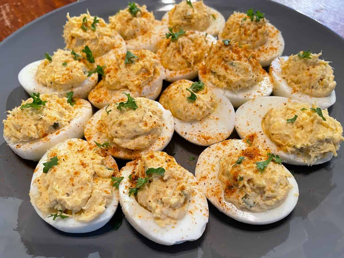 close up of crab deviled eggs