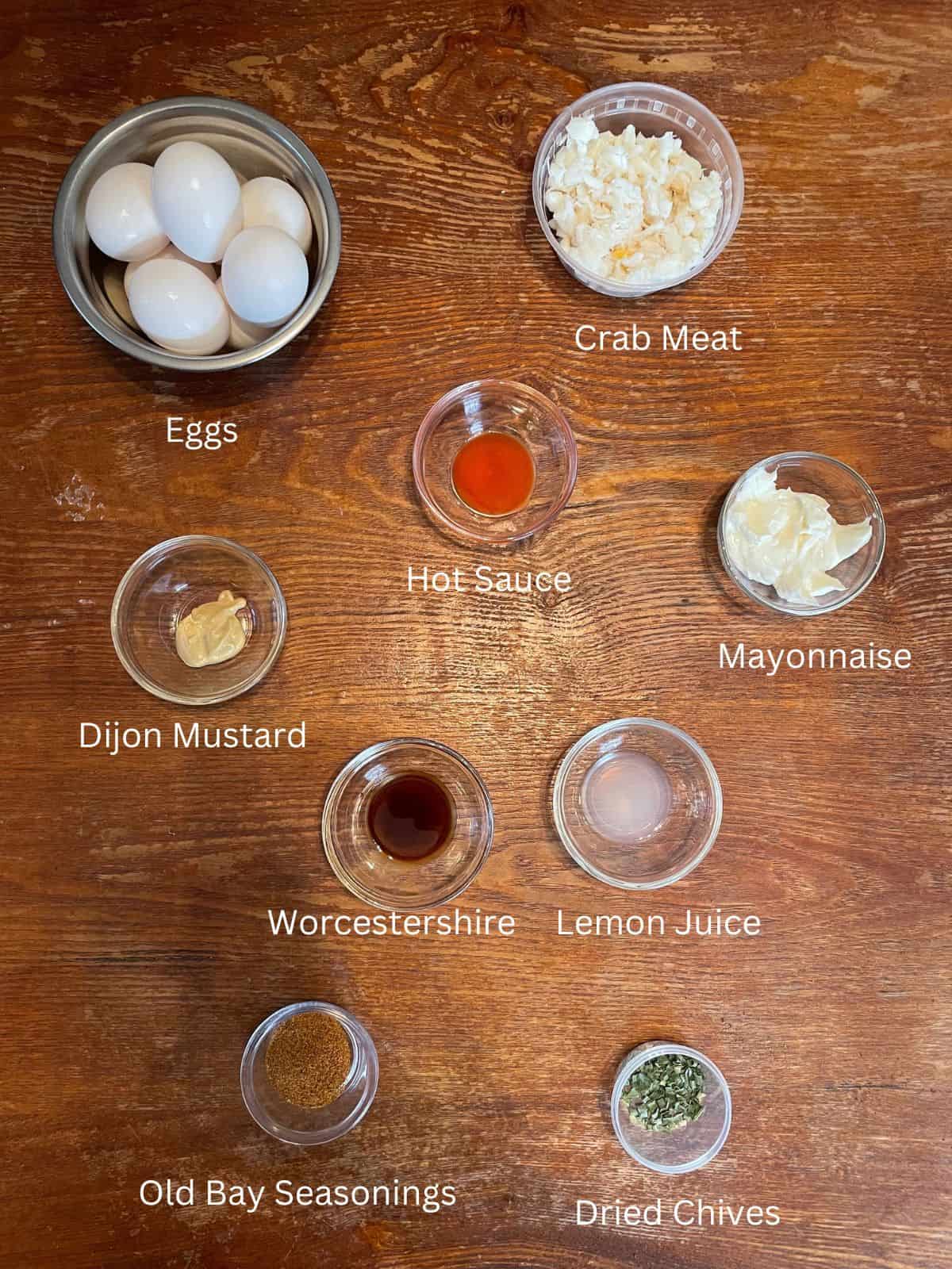 overhead shot of crab deviled egg ingredients