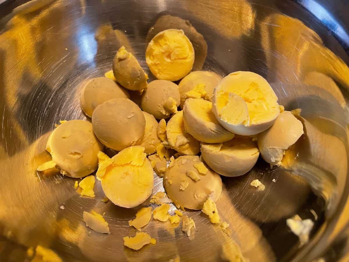 hard boiled egg yolks in a small bowl