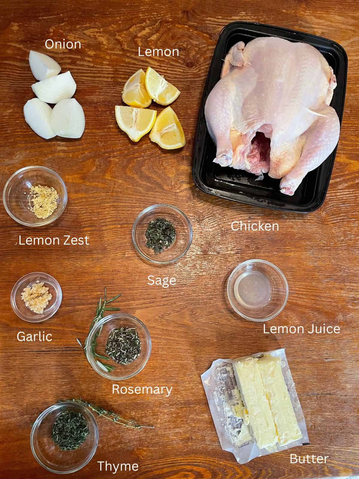 overhead shot of garlic herb butter roasted chicken ingredients