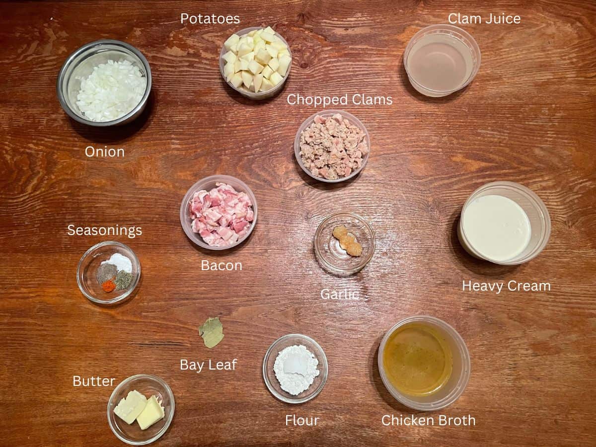 overhead shot of clam chowder ingredients