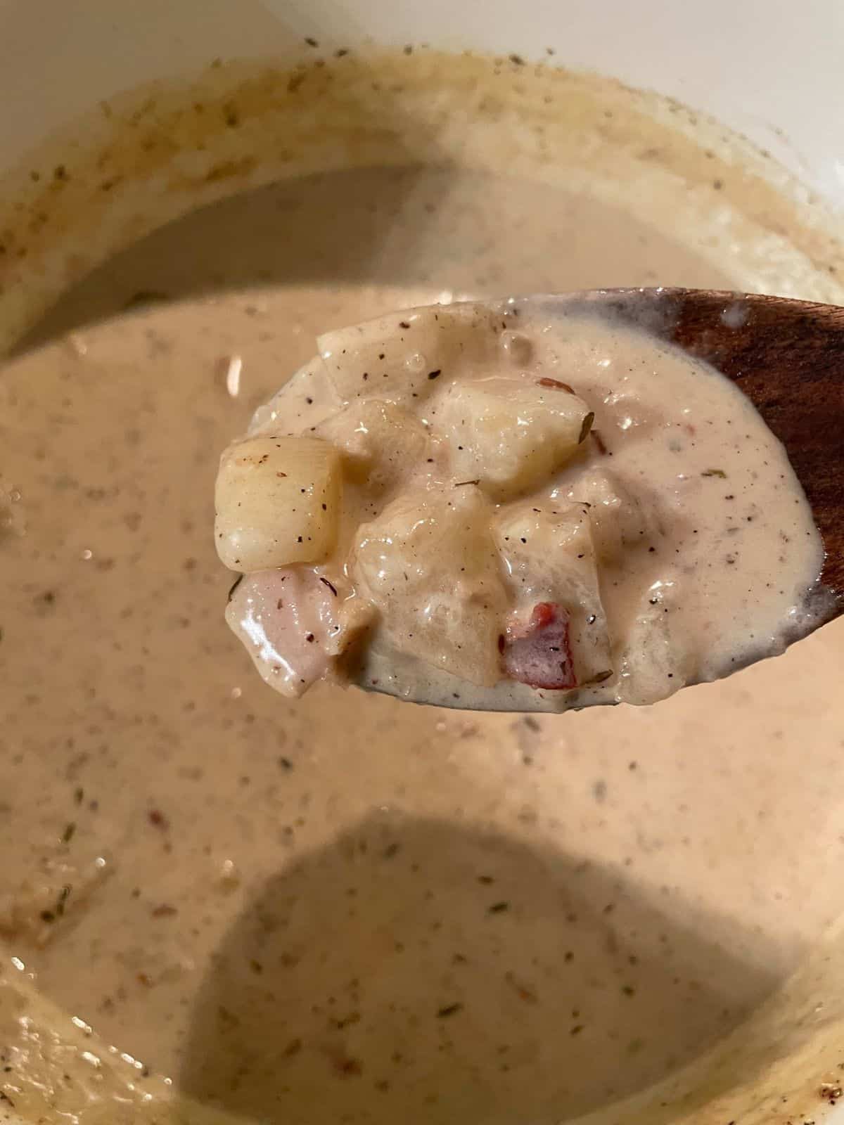 wooden spoon full of clam chowder over dutch oven of chowder